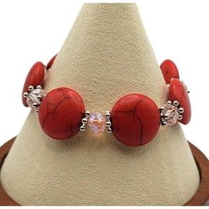 Daisy Red Stone Bead Bracelet W Stretch Band NWT Costume Jewelry